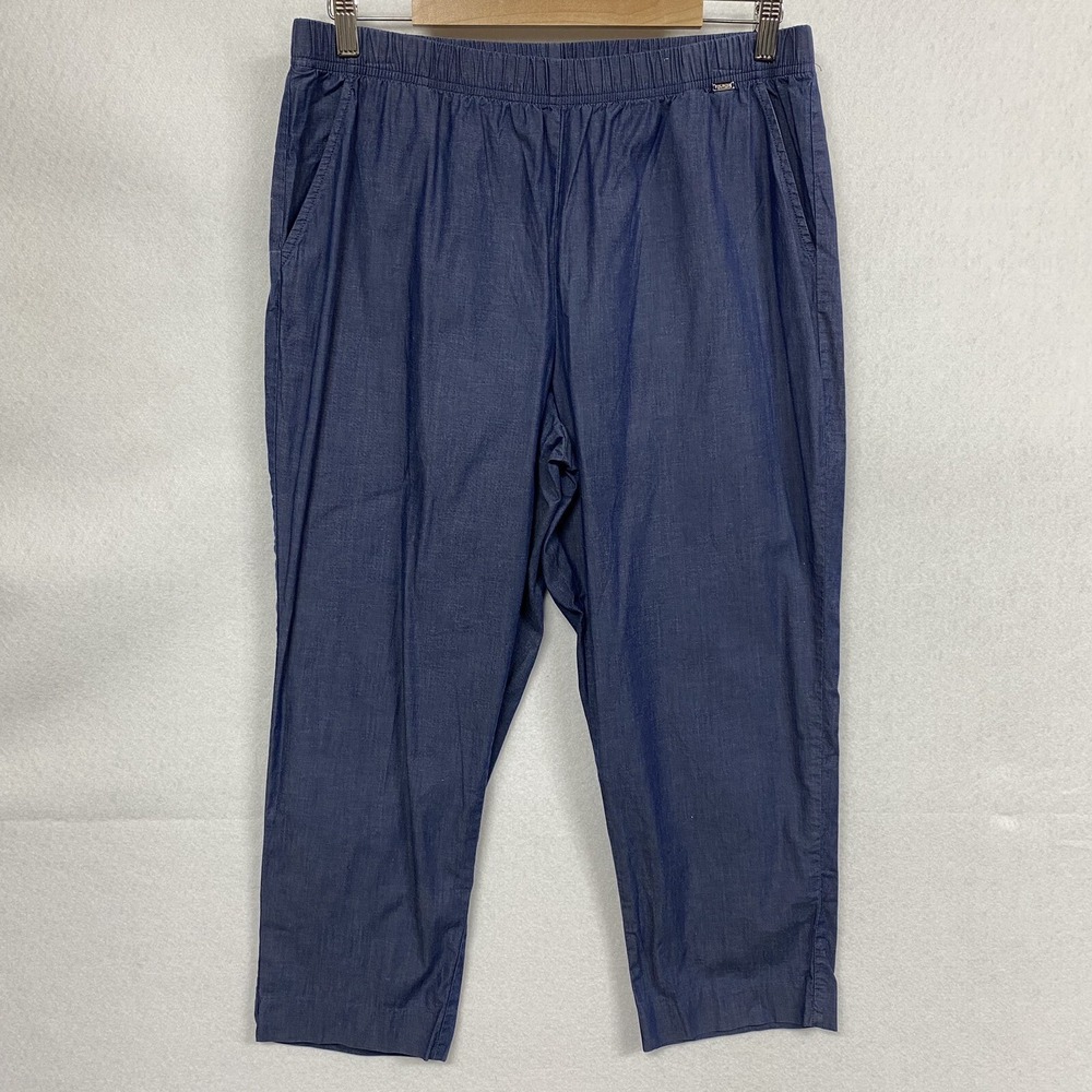 St John Womens L Chambray Crop Pants Blue Tapered Elastic Waist Lightweight